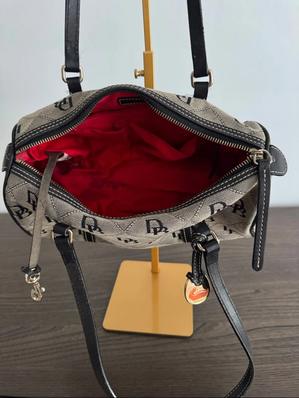 Dooney & Bourke Canvas Leather Duffel Barrel purse Monogram Black/Gray - Picture 5 of 10